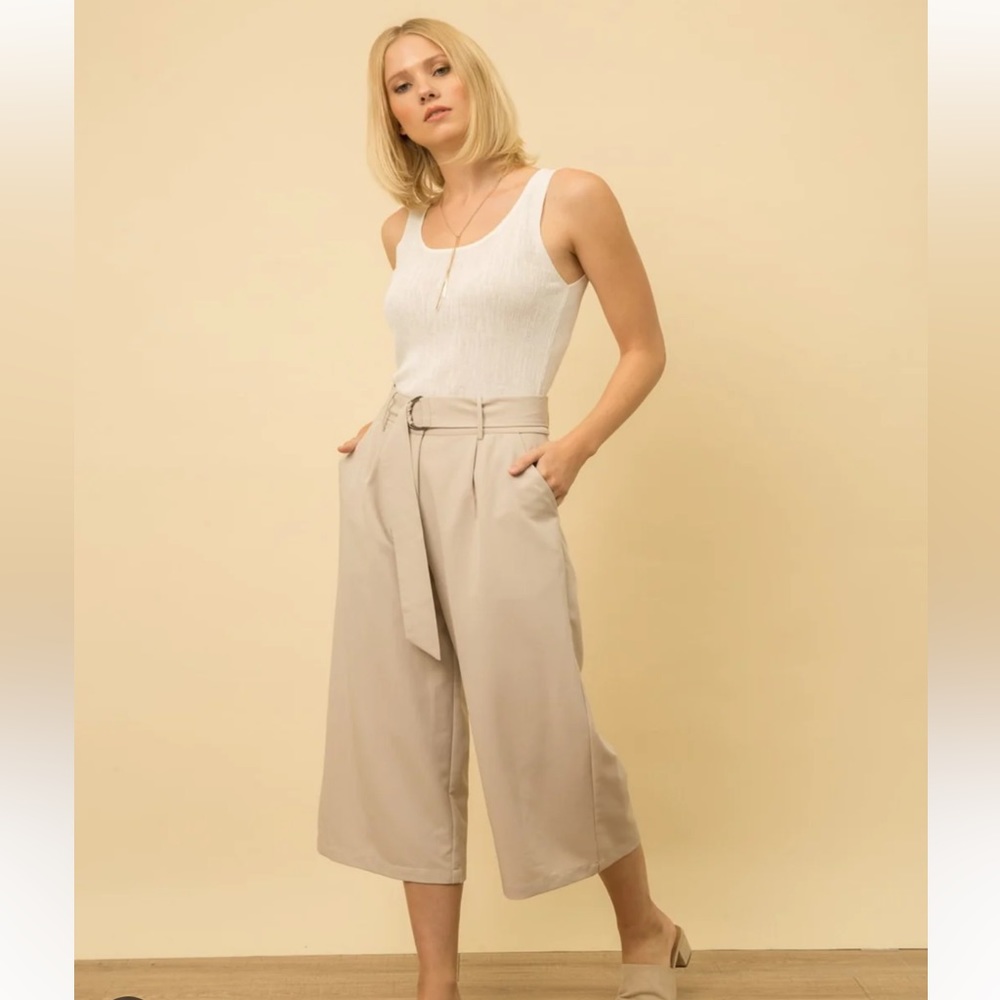 Mystree Belted Wide Leg Crop Trousers Pants Beige Tan W/Pockets Large NWT